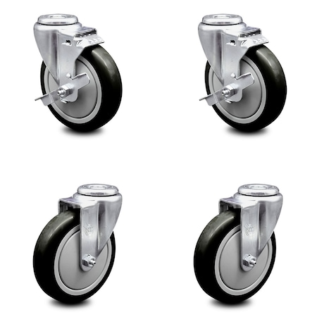 Service Caster 5 Inch Black Polyurethane Wheel Swivel Bolt Hole Caster Set with 2 Brake SCC SCC-BH20S514-PPUB-BLK-TLB-2-S-2